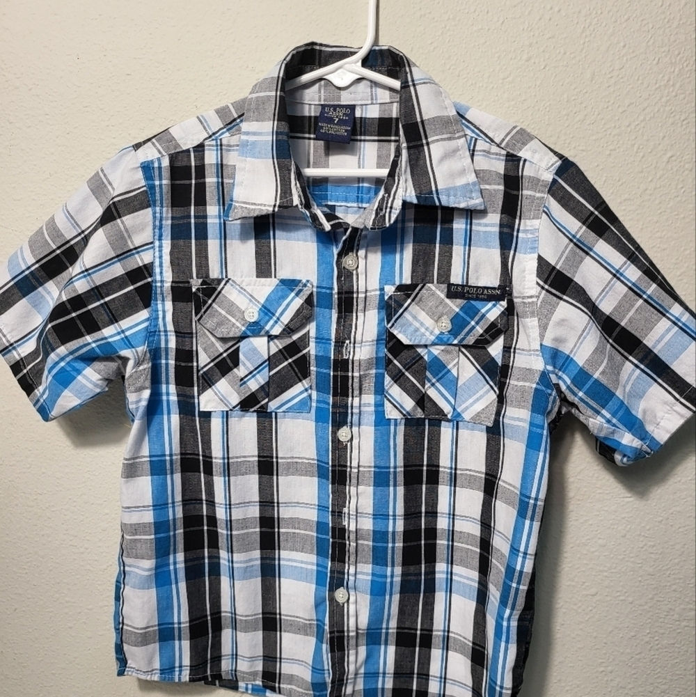 US Polo Boys Blue and Black Plaid Shirt - Picture 2 of 6